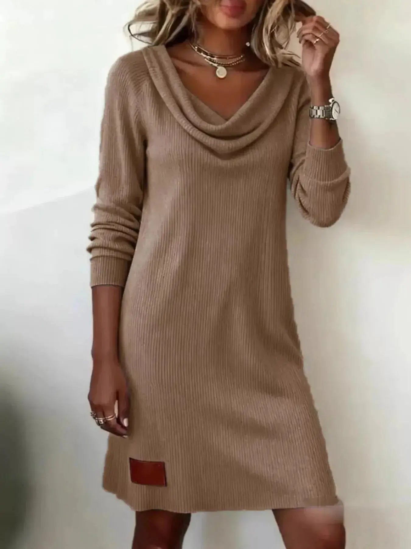 Casual Cowl Neck Ribbed Knit Mini Dress - DaisyDrop 