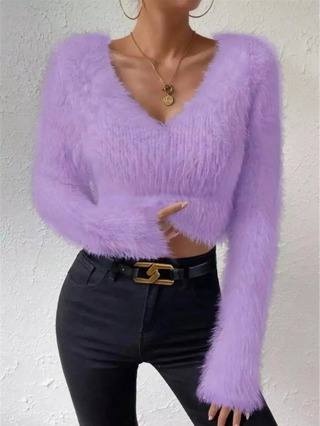 Fluffy Knit V-Neck Sweater - DaisyDrop 