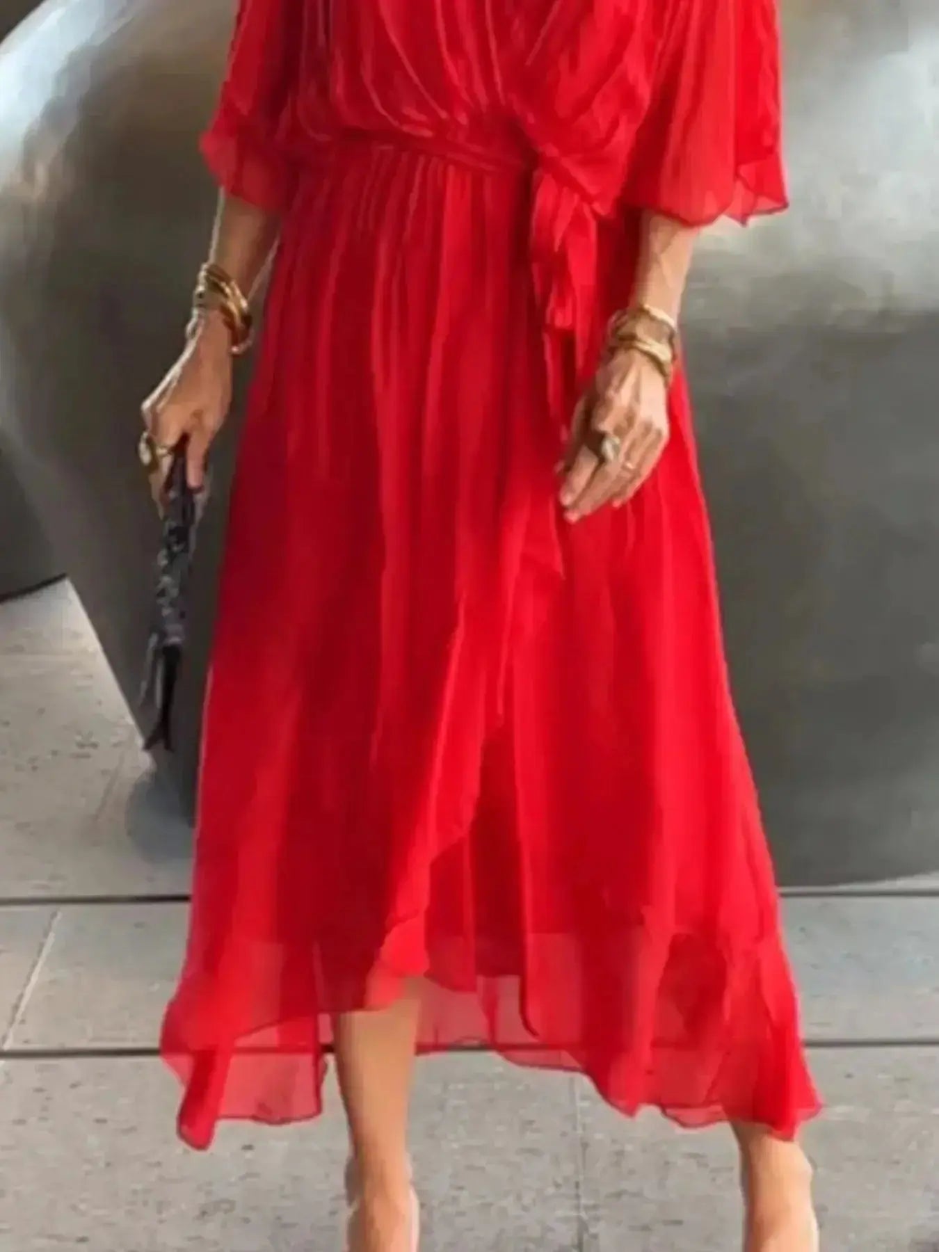 Full Size Flowy Tie Front Midi Dress with Flutter Sleeves Plus Size - DaisyDrop 