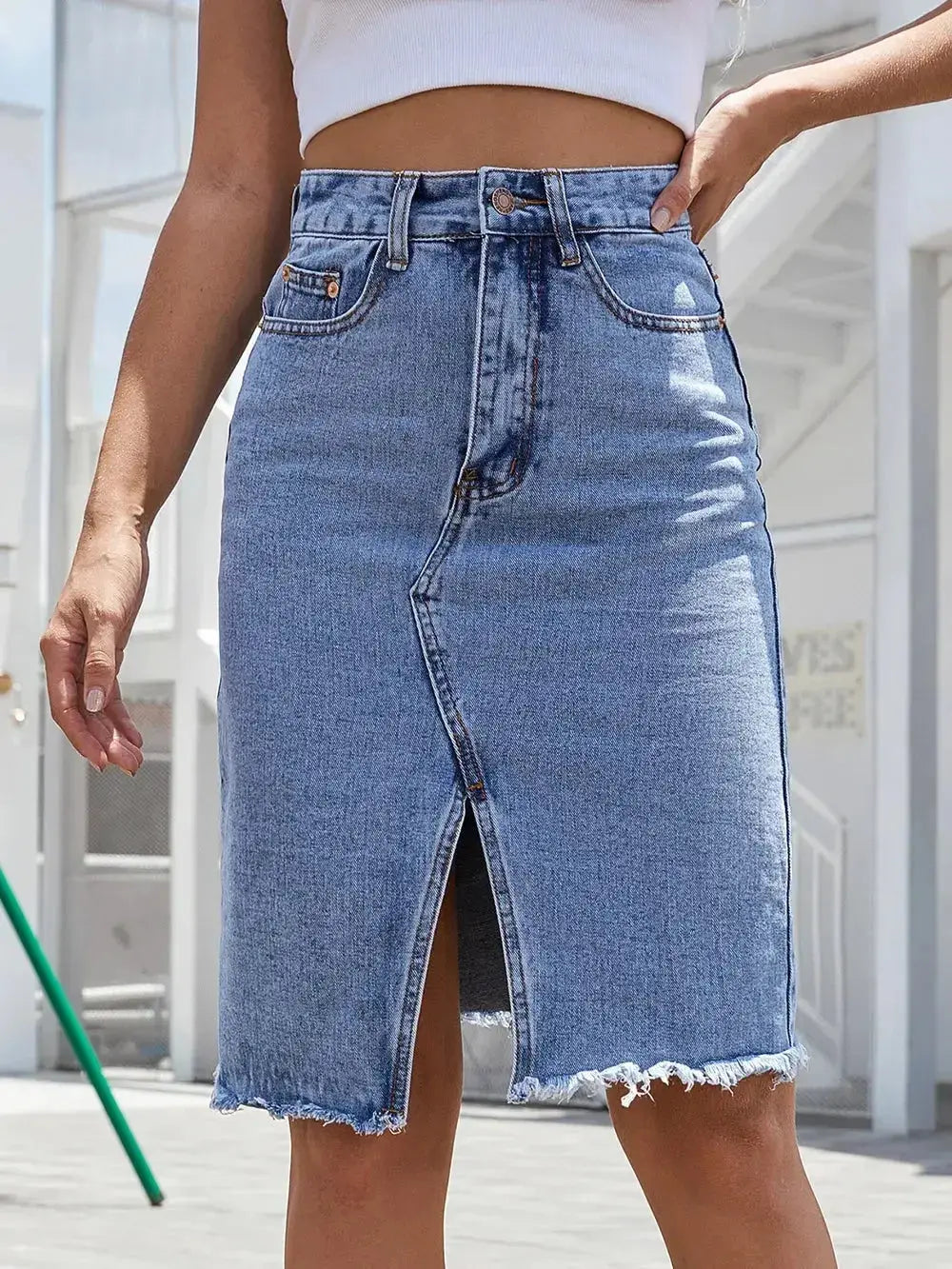 Raw Hem Slit Denim Skirt - DaisyDrop 
