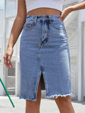 Raw Hem Slit Denim Skirt - DaisyDrop 