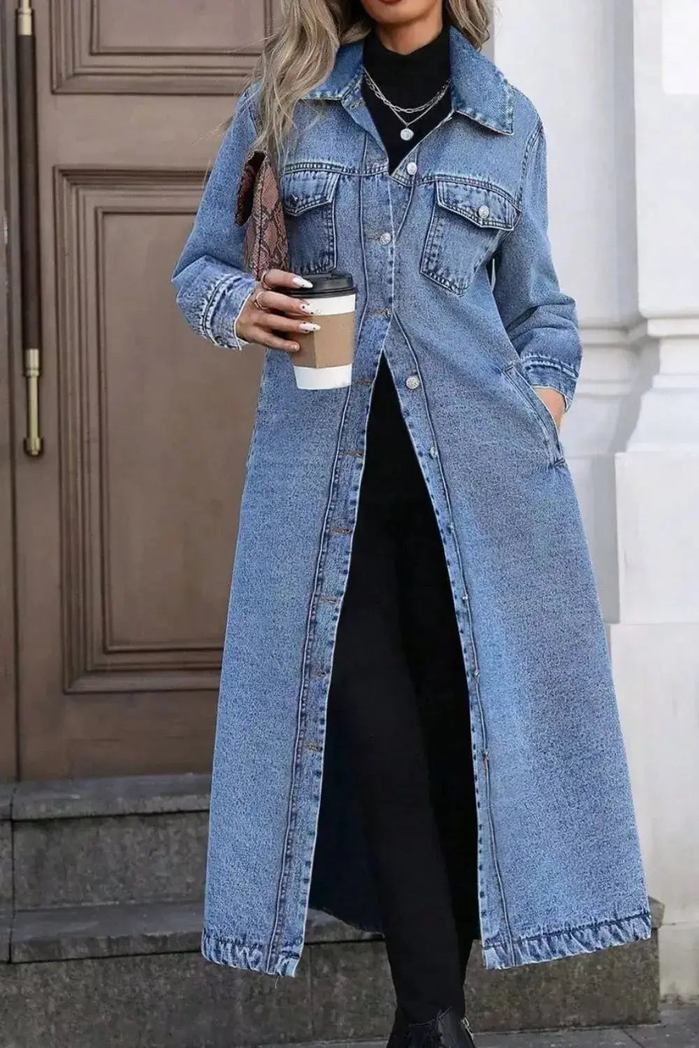 Longline Button-Front Denim Jacket - DaisyDrop 