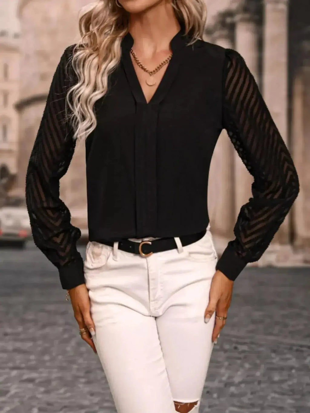 Notched Long Sleeve Blouse - DaisyDrop 