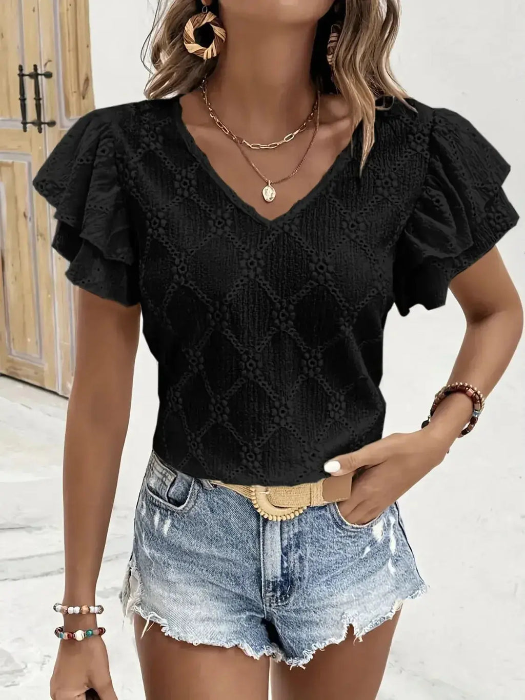 Eyelet V-Neck Short Sleeve Blouse - DaisyDrop 