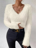 Fluffy Knit V-Neck Sweater - DaisyDrop 