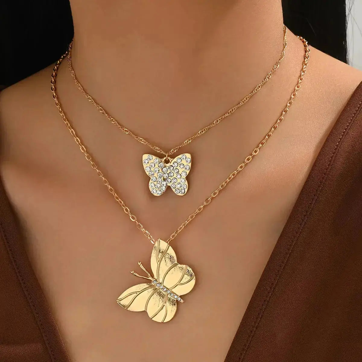 2 Piece 18K Gold-Plated Rhinestone Butterfly Necklace - DaisyDrop 