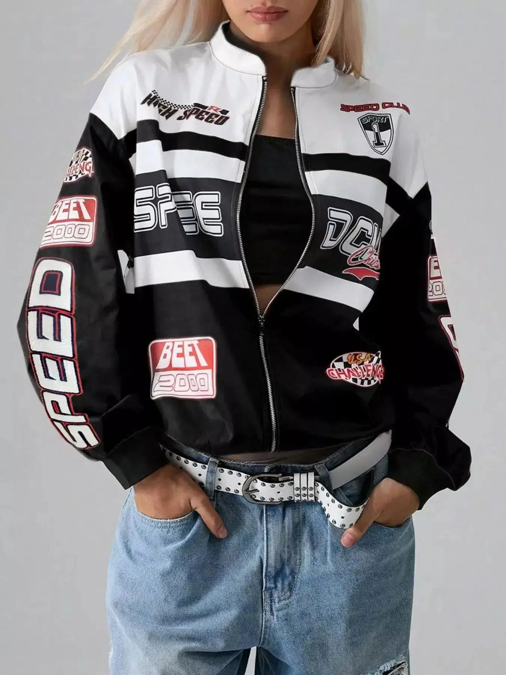 Letter Zip Up Dropped Shoulder Jacket - DaisyDrop 