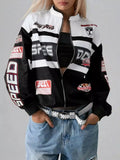Letter Zip Up Dropped Shoulder Jacket - DaisyDrop 