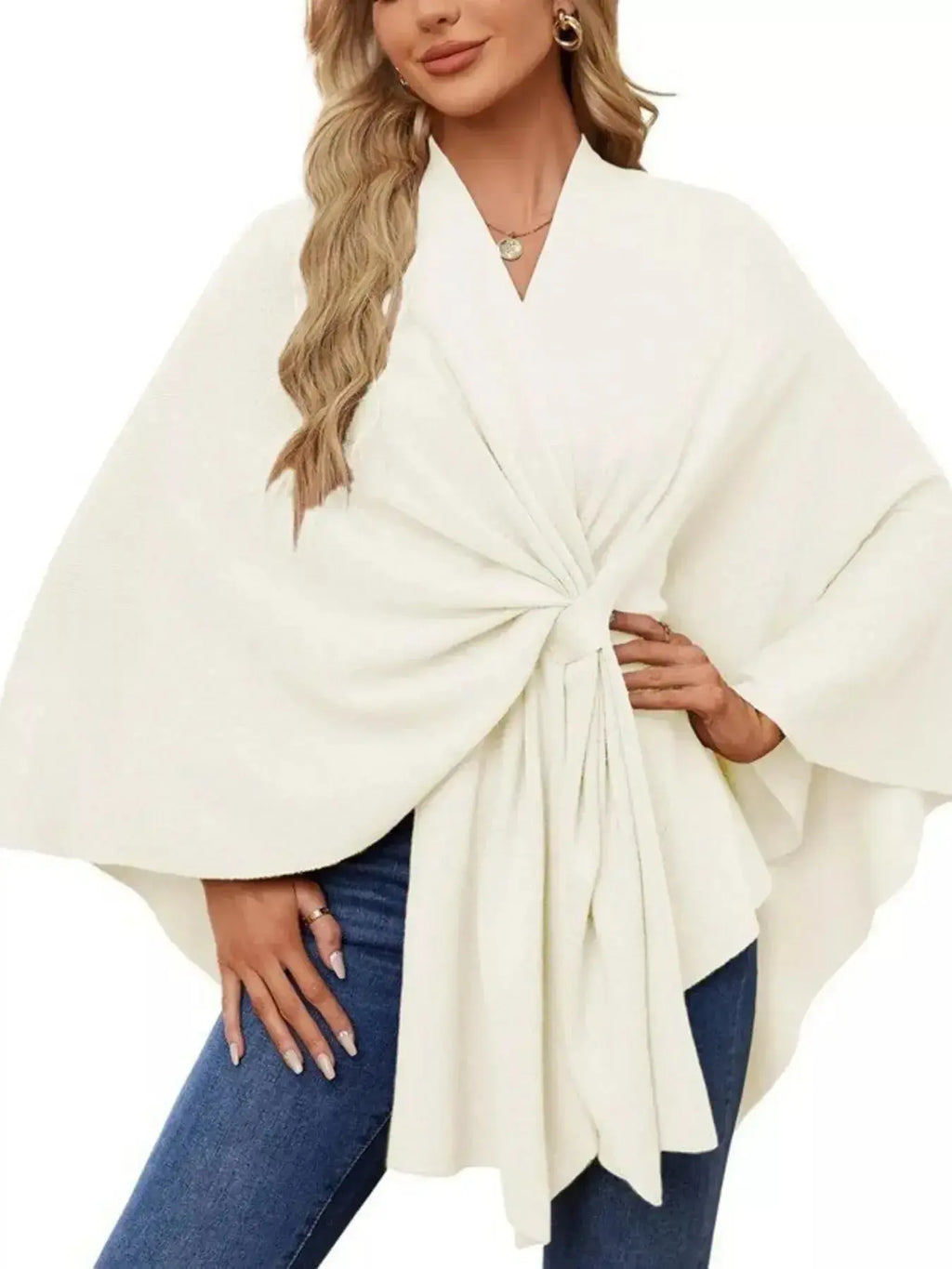 Solid Color Tie-Front Knit Cape Top - DaisyDrop 