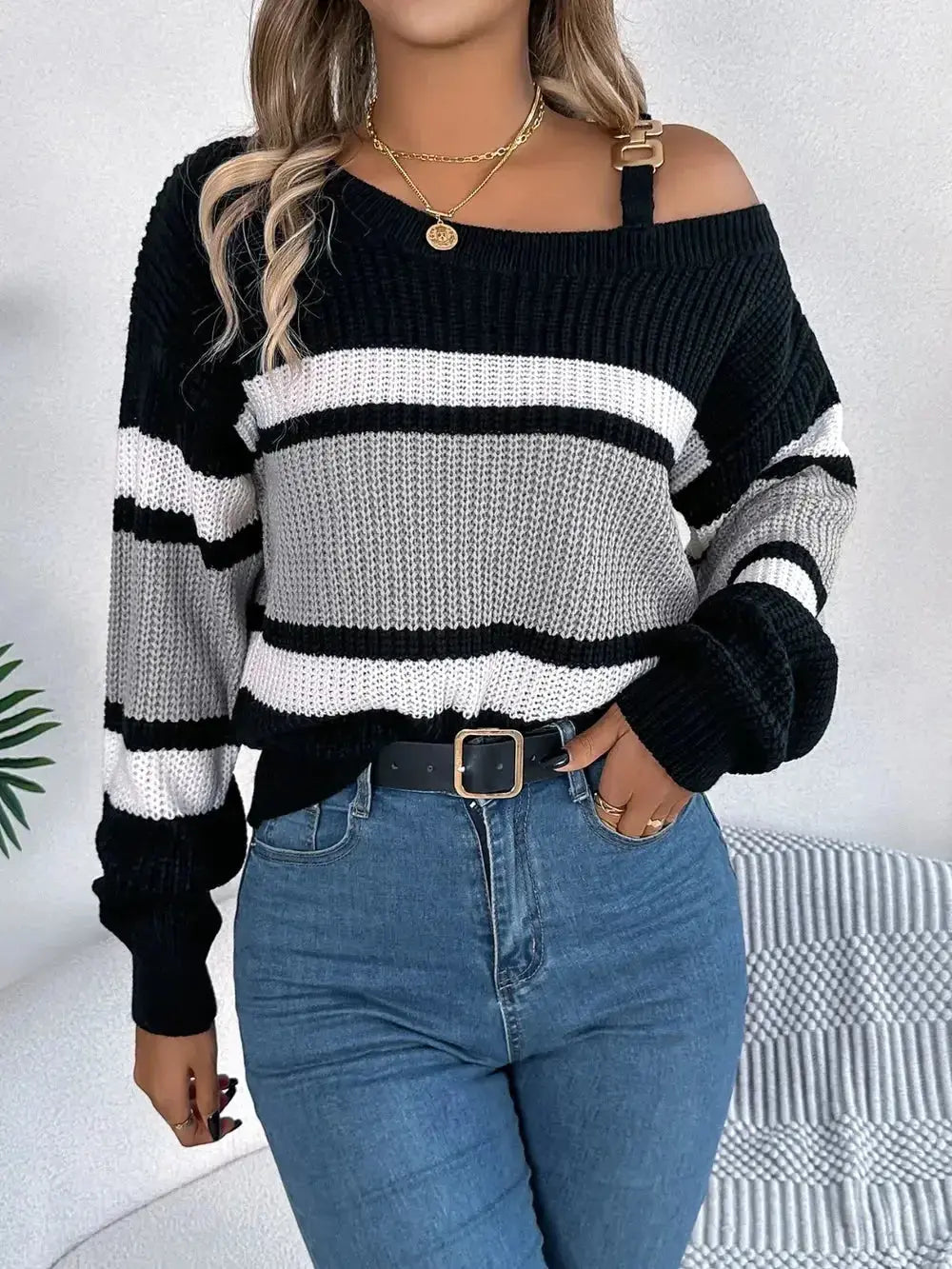 Color Block Asymmetrical Neck Long Sleeve Sweater - DaisyDrop 