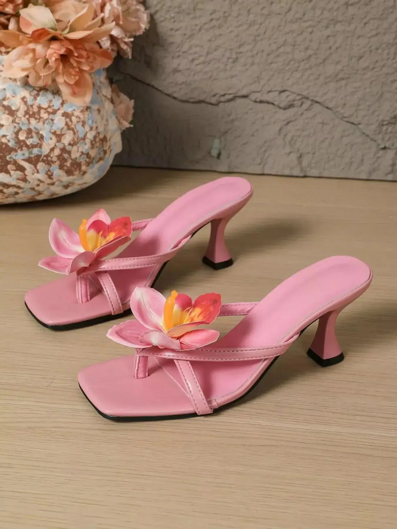 Flower Open Toe Flare Heels Sandals - DaisyDrop 