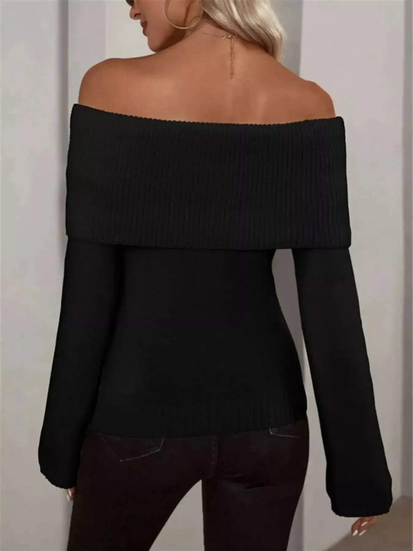 Off-Shoulder Ribbed Knit Sweater - DaisyDrop 