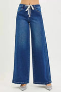 RISEN Full Size Mid Rise Wide Side Pintuck Jeans with Front Drawstring Plus Size - DaisyDrop 