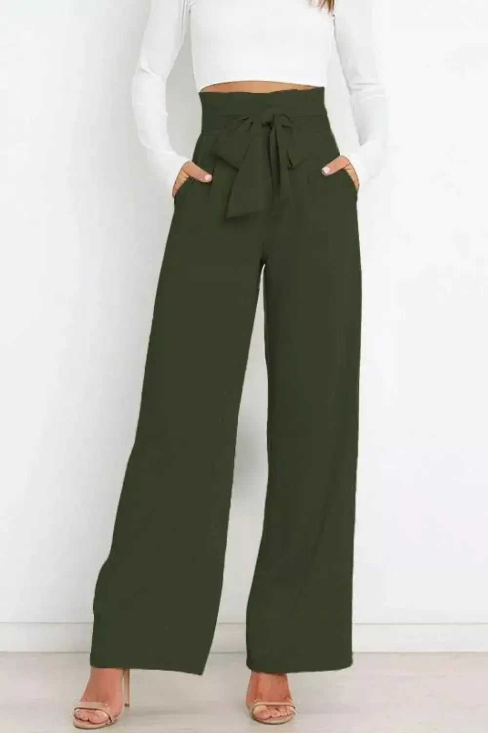 High Waist Tie Front Wide Leg Pants - DaisyDrop 