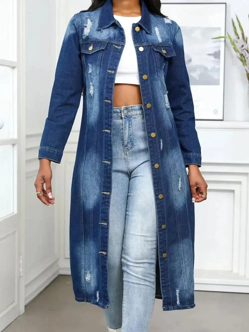 Distressed Button Up Collared Neck Denim Top - DaisyDrop 