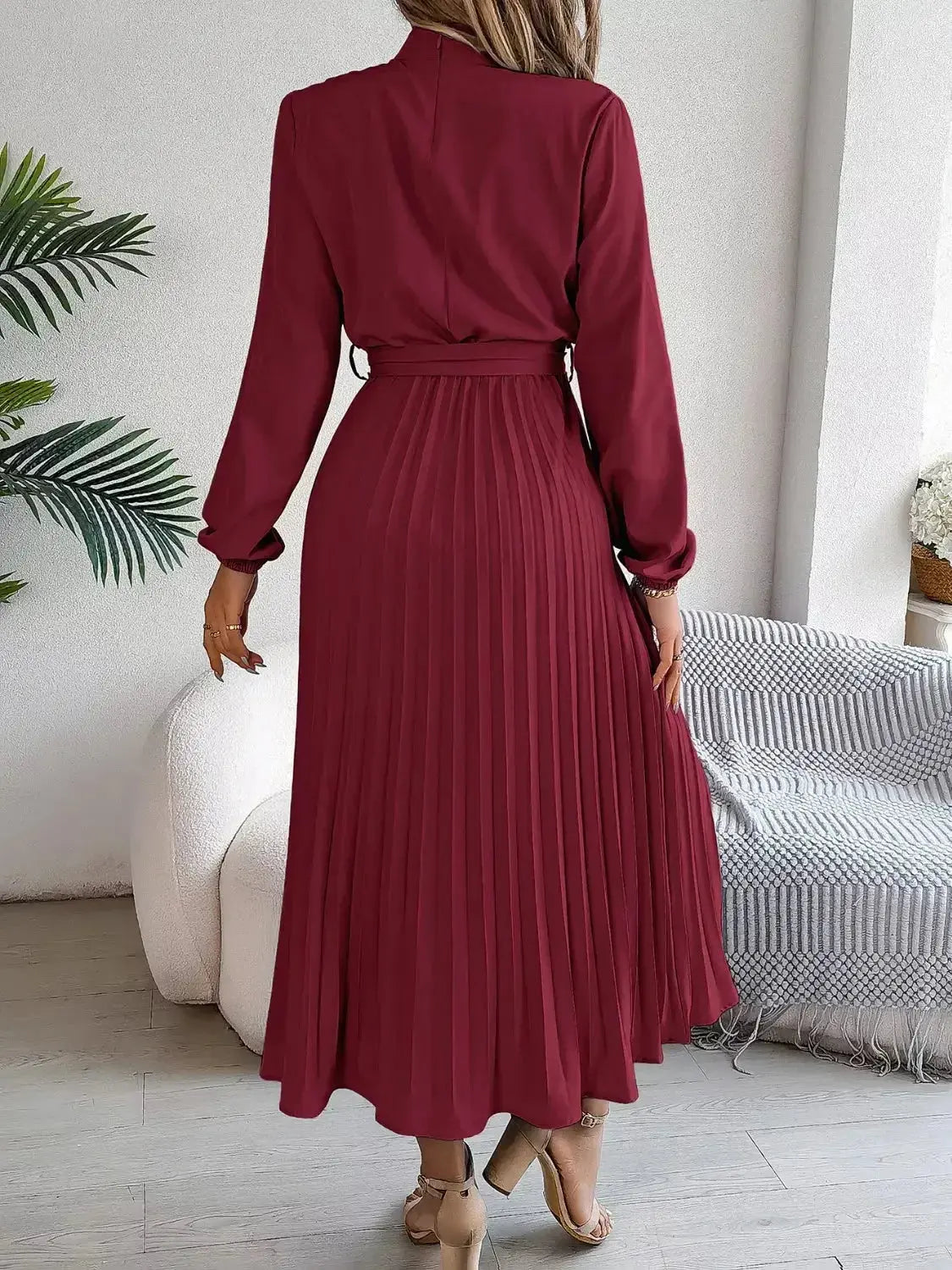 Mock Neck Pleated Midi Dress - DaisyDrop 