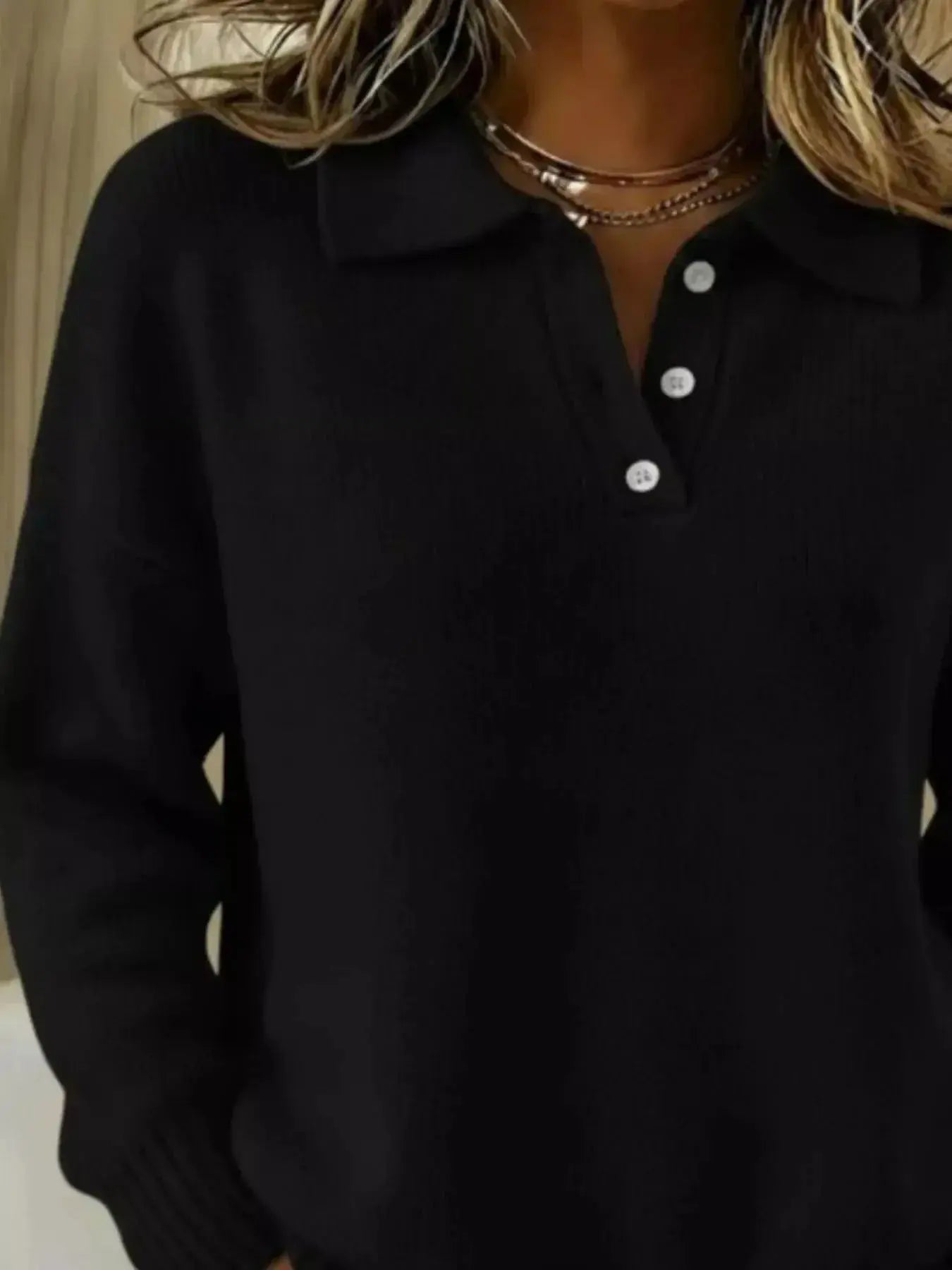 Full Size Half Button Collar Drop Shoulder Sweater Plus Size - DaisyDrop 