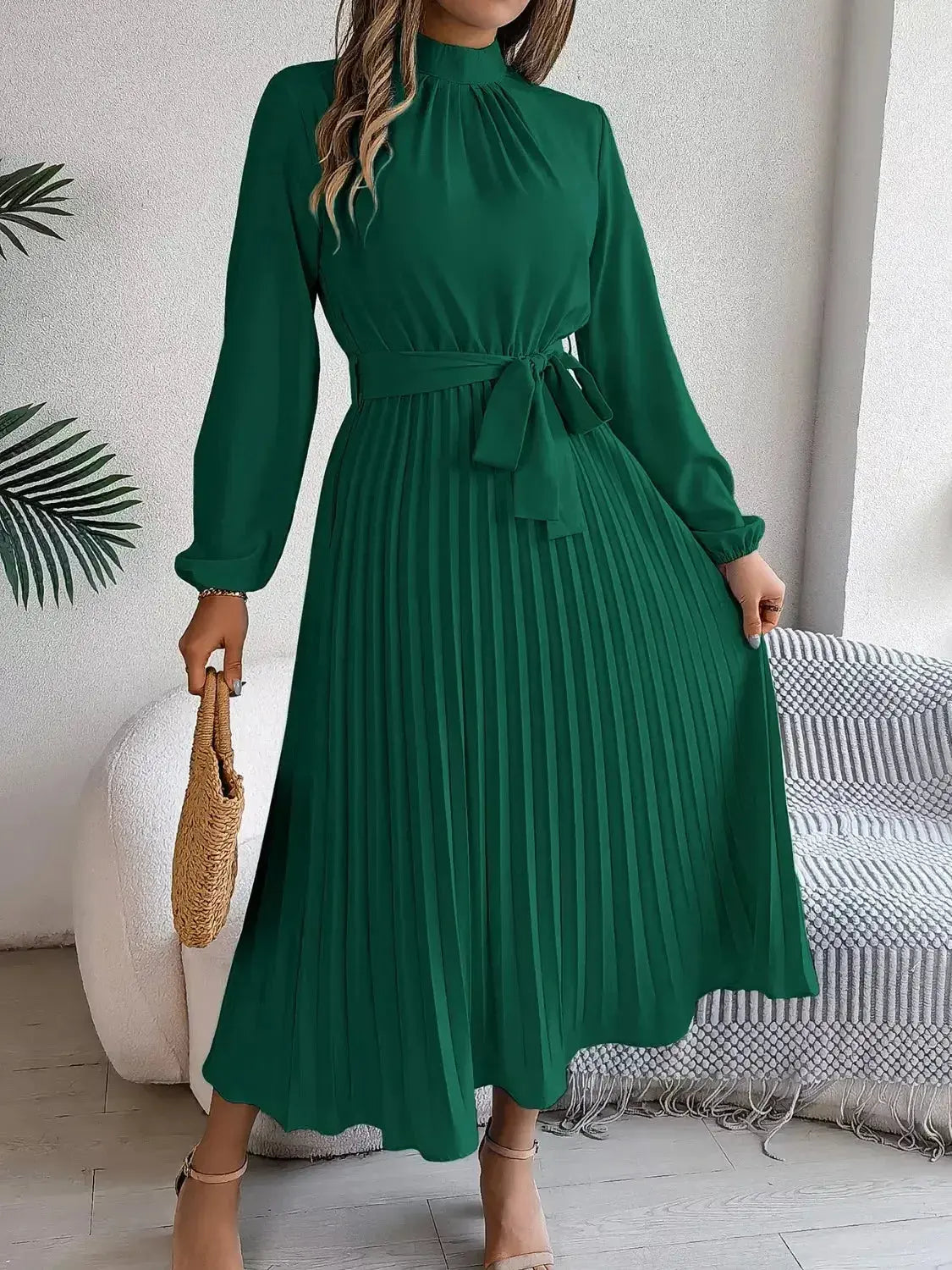 Mock Neck Pleated Midi Dress - DaisyDrop 