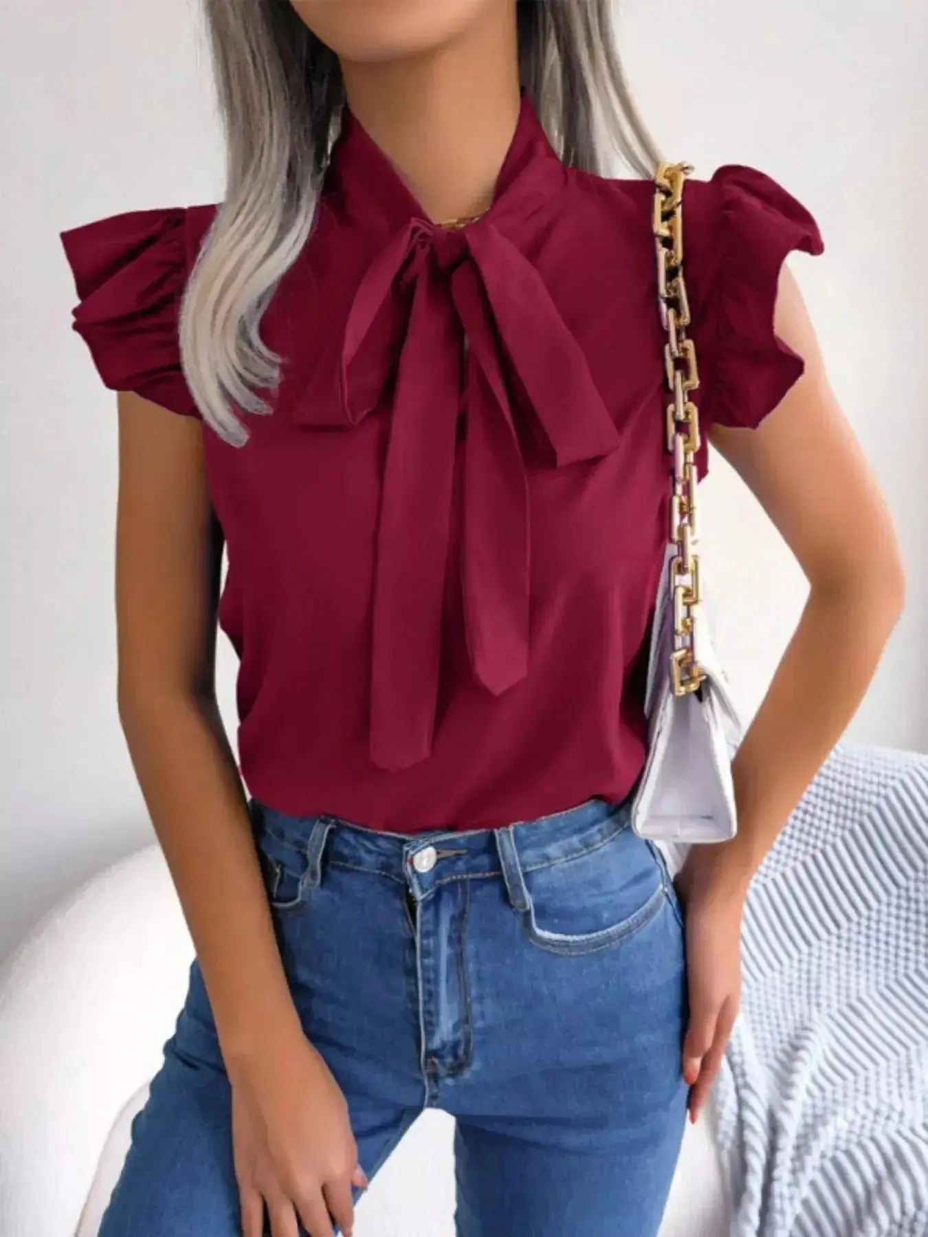 Bow Tie Ruffle Sleeve Blouse - DaisyDrop 