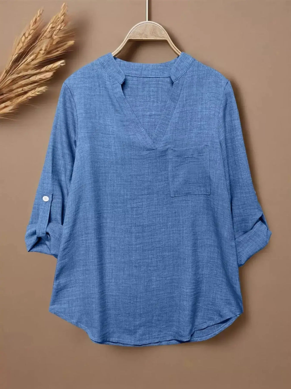 Casual Notched Roll-Up Sleeve Blouse - DaisyDrop 