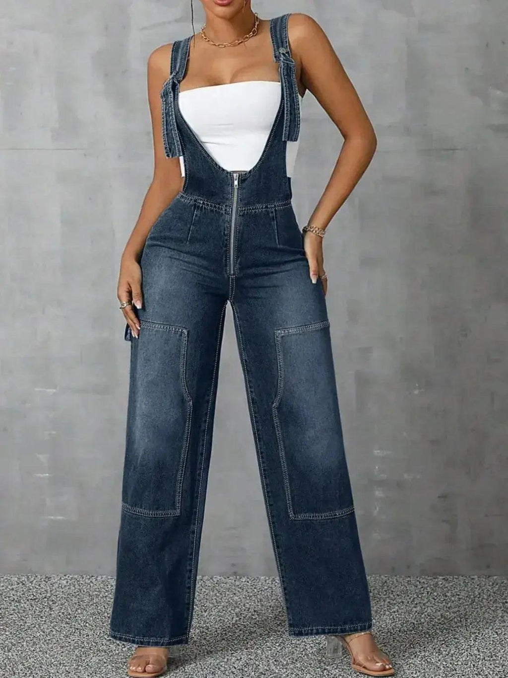 Zip Front Wide Strap Denim Overalls - DaisyDrop 