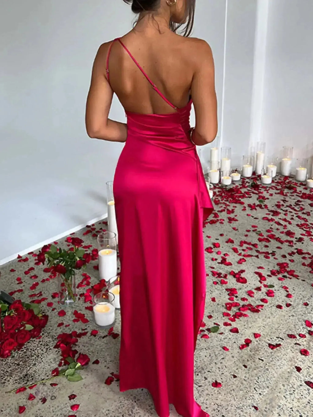 One Shoulder Satin Dress with High Slit - DaisyDrop 