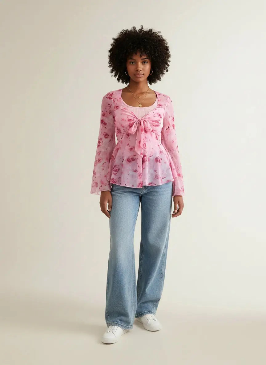 Full body view of the model wearing Floral Print Tie Front Flare Sleeve Chiffon Blouse