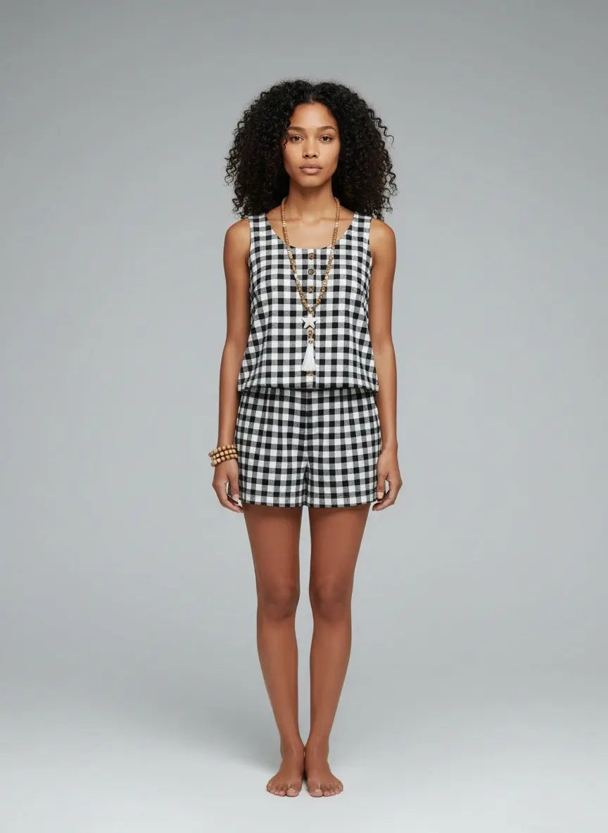 Full body view of the model wearing Gingham Sleeveless Top & Shorts Set