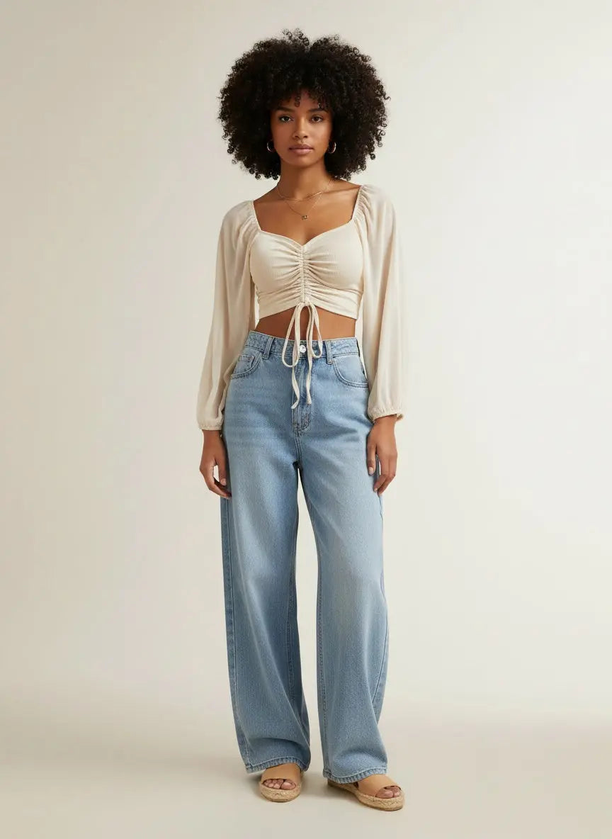 Full body view of the model wearing Drawstring Sweetheart Neck Cropped Top