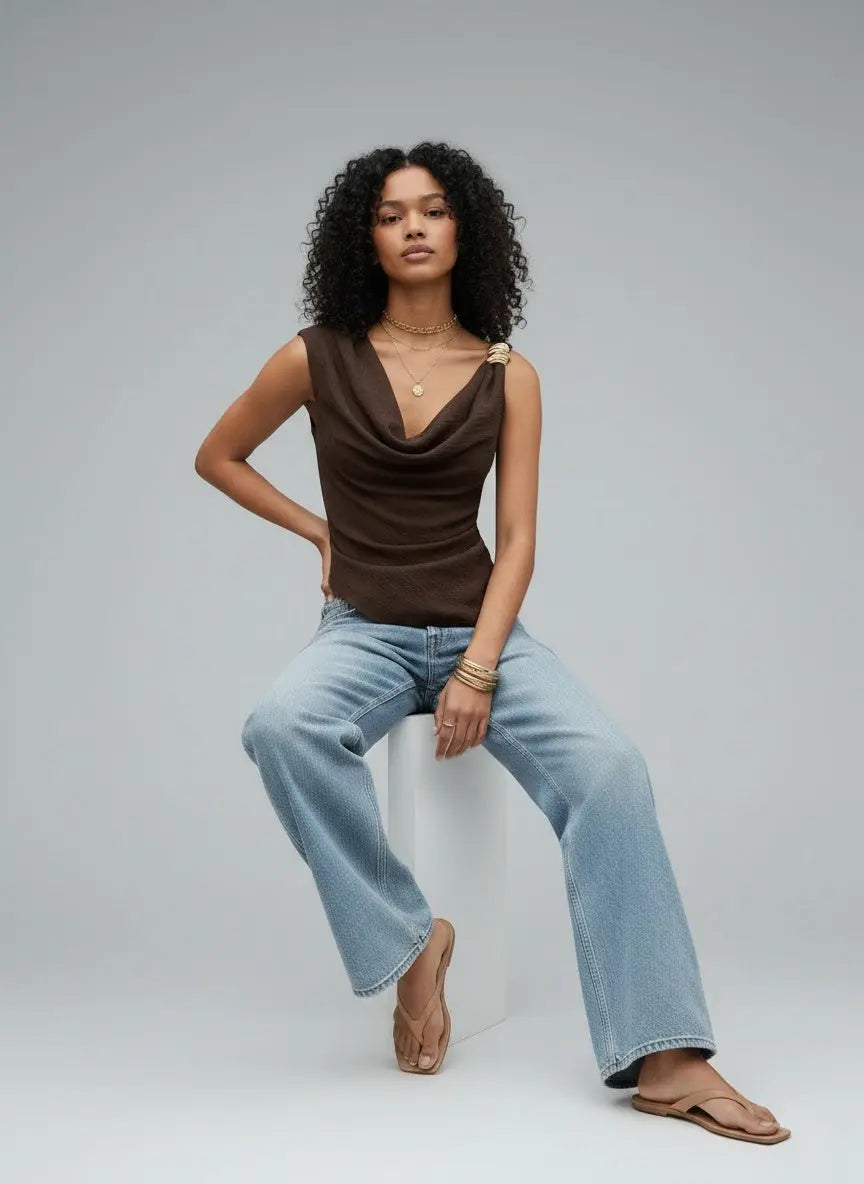 Model sitting while wearing Cowl Neck Cami Top