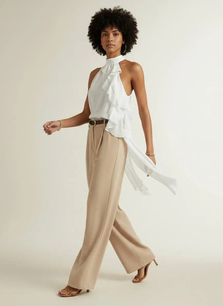 Model walking while wearing Ruffle Halter Neck Sleeveless Blouse