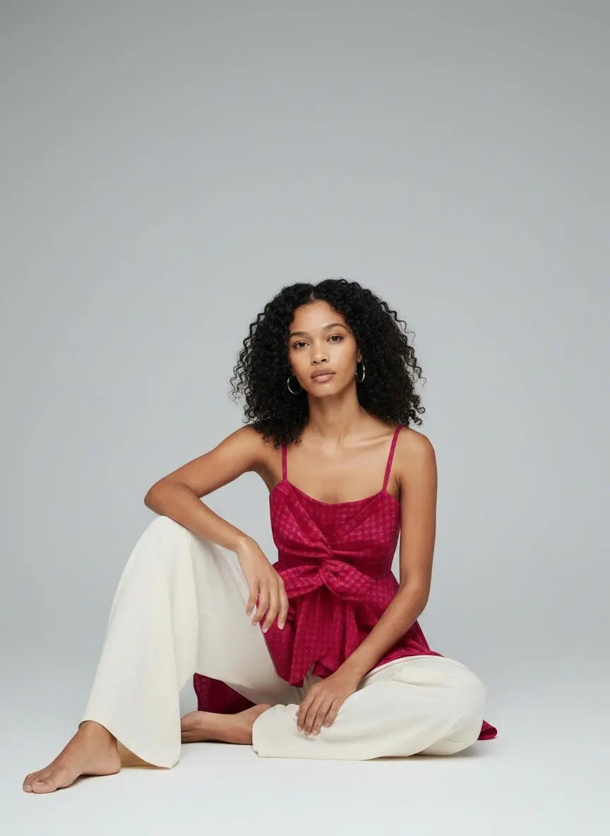 Model sitting while wearing Twisted Font Asymmetrical Cami