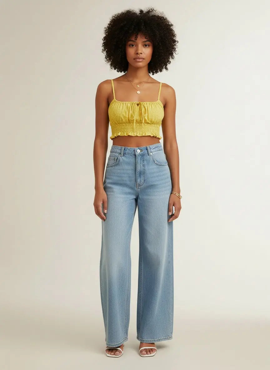 Full body view of the model wearing Polka Dot Tied Frill Trim Cami