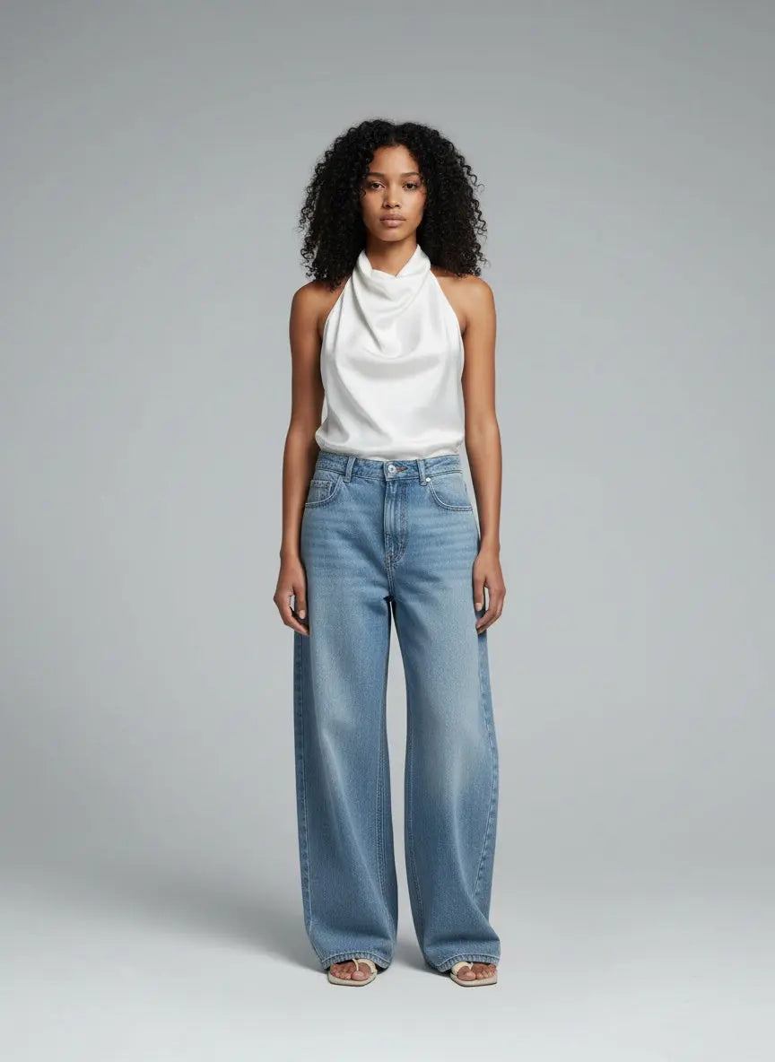 Full body view of the model wearing Halter Neck Satin Cami