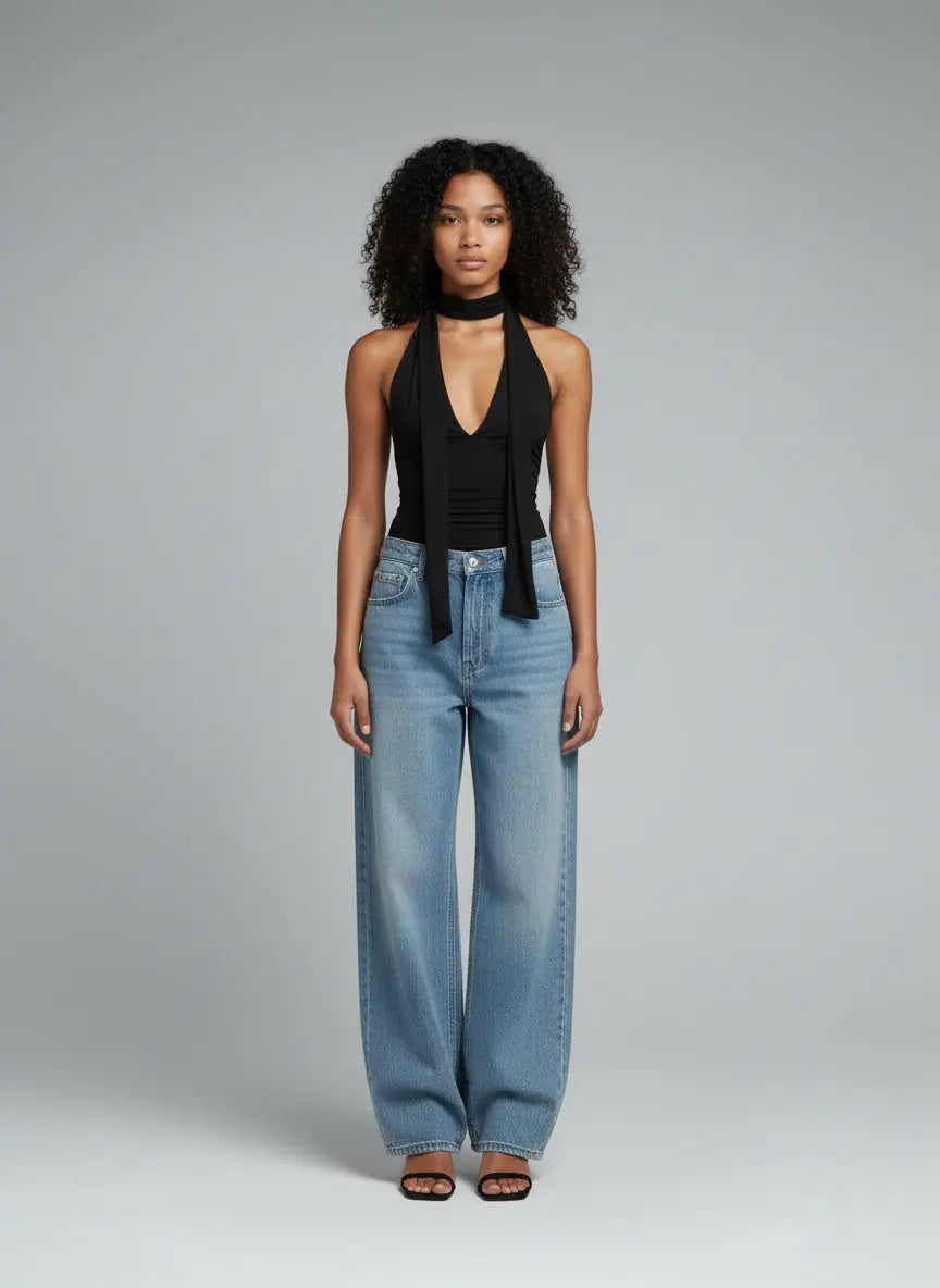 Full body view of the model wearing Halter Neck Tie Cami