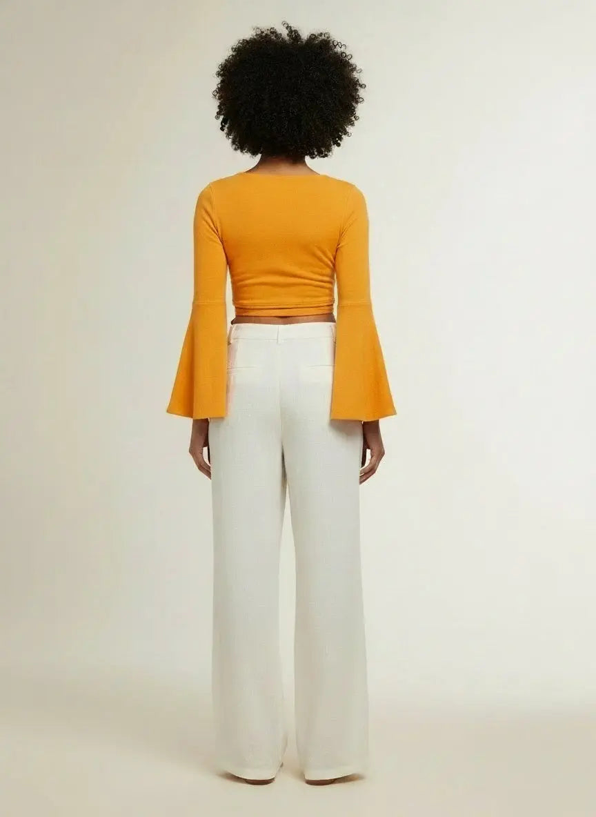 Back pose of the model wearing Tie Front Flare Sleeve Cropped Top