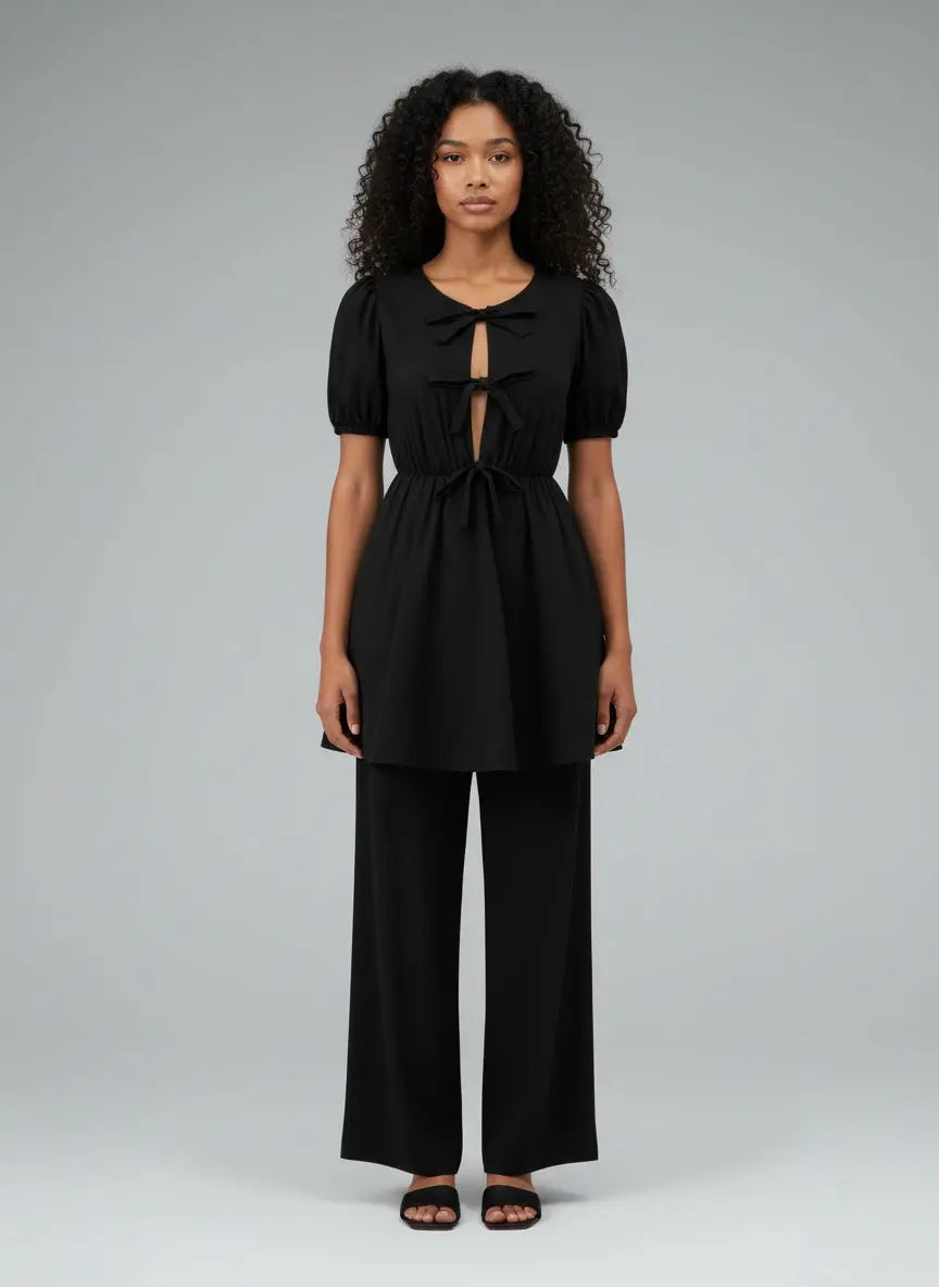 Full body view of the model wearing Tie Front Puff Sleeve Mini Dress